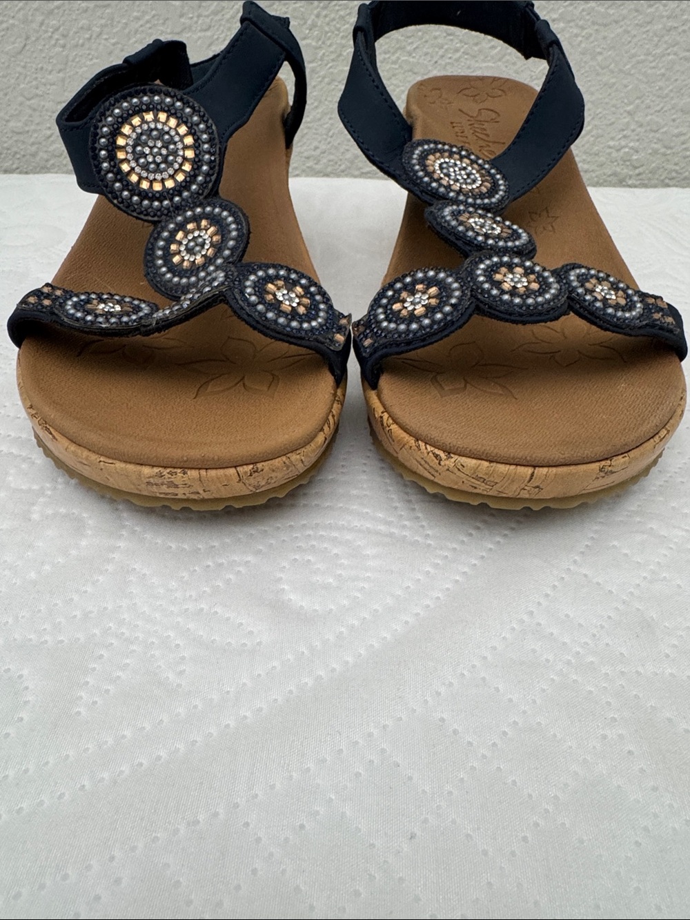 Skechers Beverlee Date Glam Navy Blue Beaded Wedge Comfort Sandals Size 8 - Picture 2 of 10